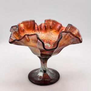 Antique Dugan Marigold with Amethyst Oil Slick Carnival Glass Ruffle – 5” Tall